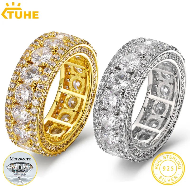 4mm 0.3ct Moissanite Diamond  Rings For Men Hip Hop Jewelry Sterling Silver 925  Gold Plated 18K White