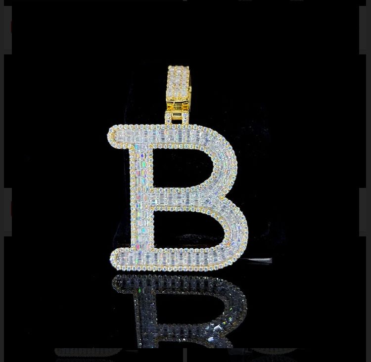 A-Z Letter Diamond Pendant 14k Gold Color Baguette Initials Letters Pendant Necklace