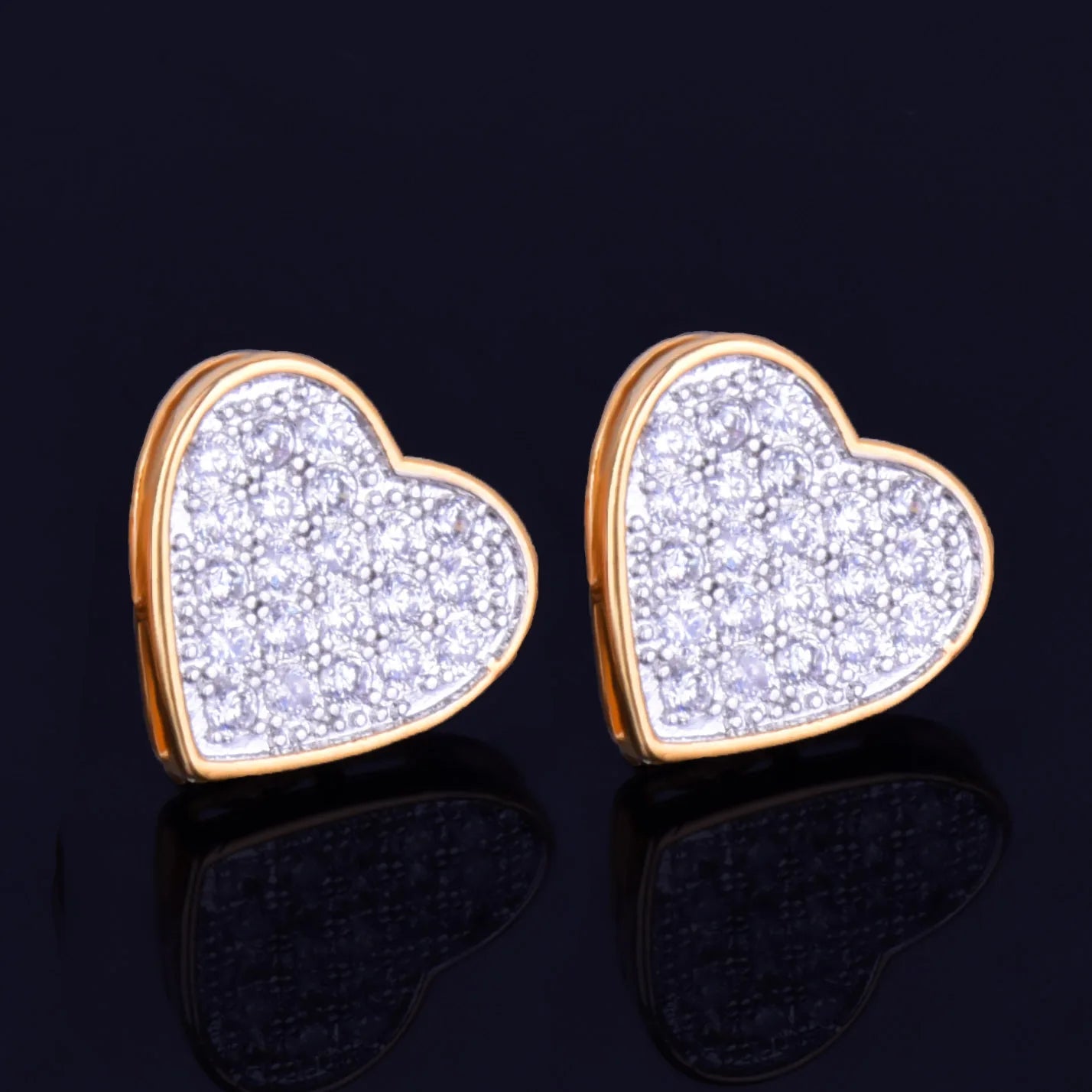 14MM Width Heart-shaped Gold Color Stud Earring AAA+ For Men Women Full Screw Back Earrings