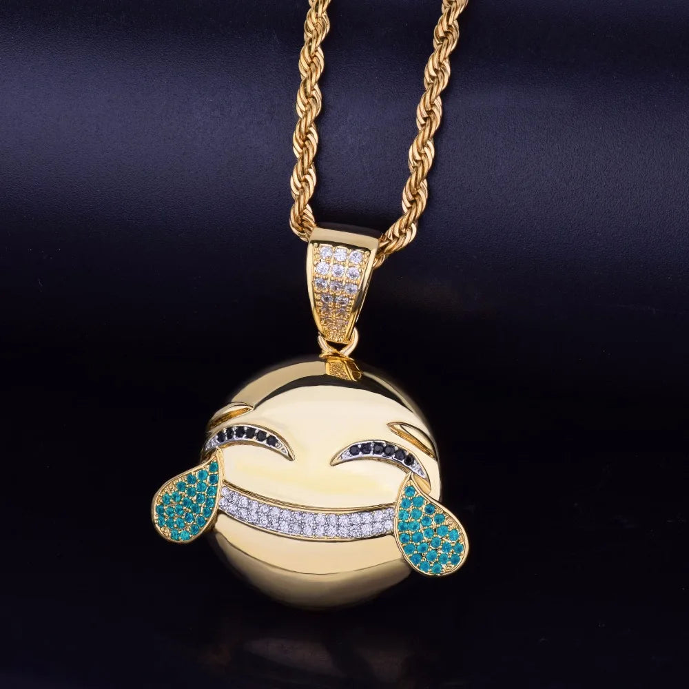 Glossy Happy Round Face Pendant Necklace Chain Gold Color Charm Men's Women