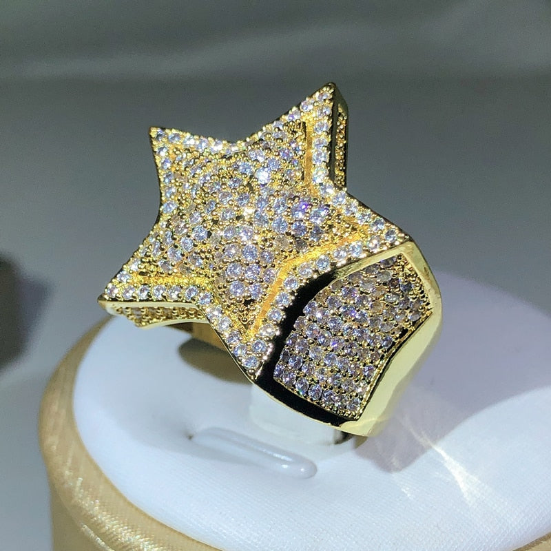 925 Silver Classic Yellow Gold Five Star Zircon Ring  Big Ring AAA+