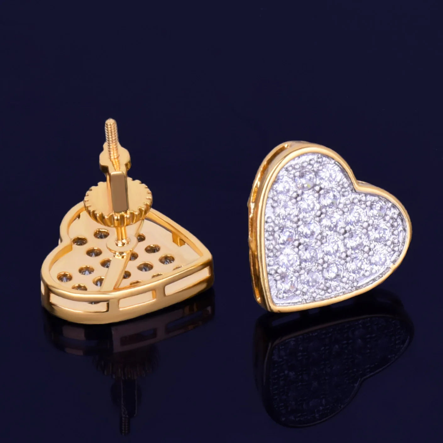 14MM Width Heart-shaped Gold Color Stud Earring AAA+ For Men Women Full Screw Back Earrings