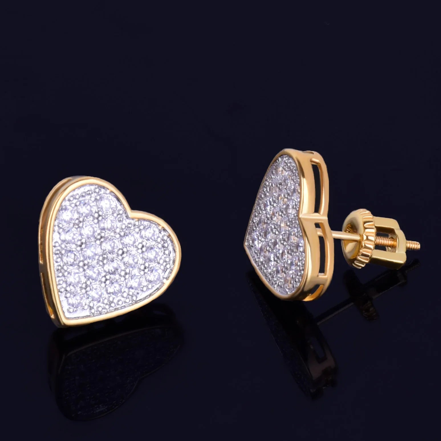 14MM Width Heart-shaped Gold Color Stud Earring AAA+ For Men Women Full Screw Back Earrings