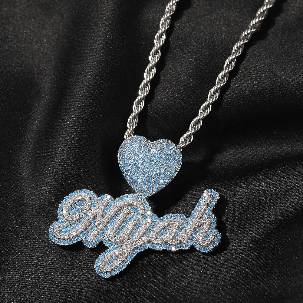 Custom Name Necklace With Heart Clasp Edwardian Letters Iced Out Blue CZ Name Pendant