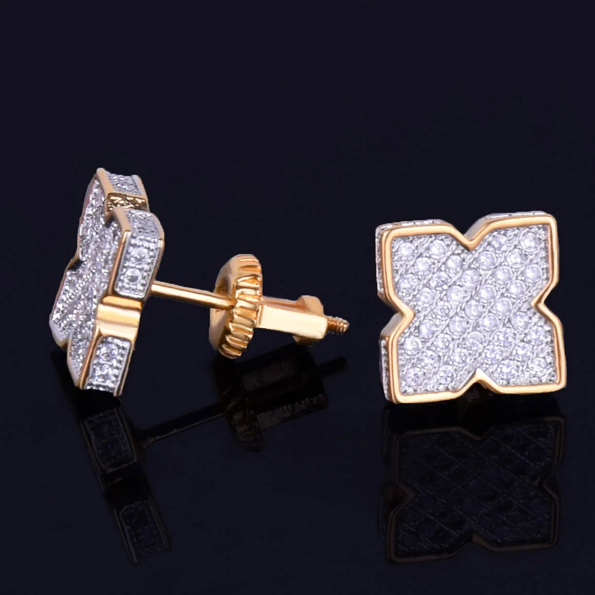 9MM Flower shape Men's Women Stud Earring Gold Color Charm Full AAA+ Screw Back Earrings