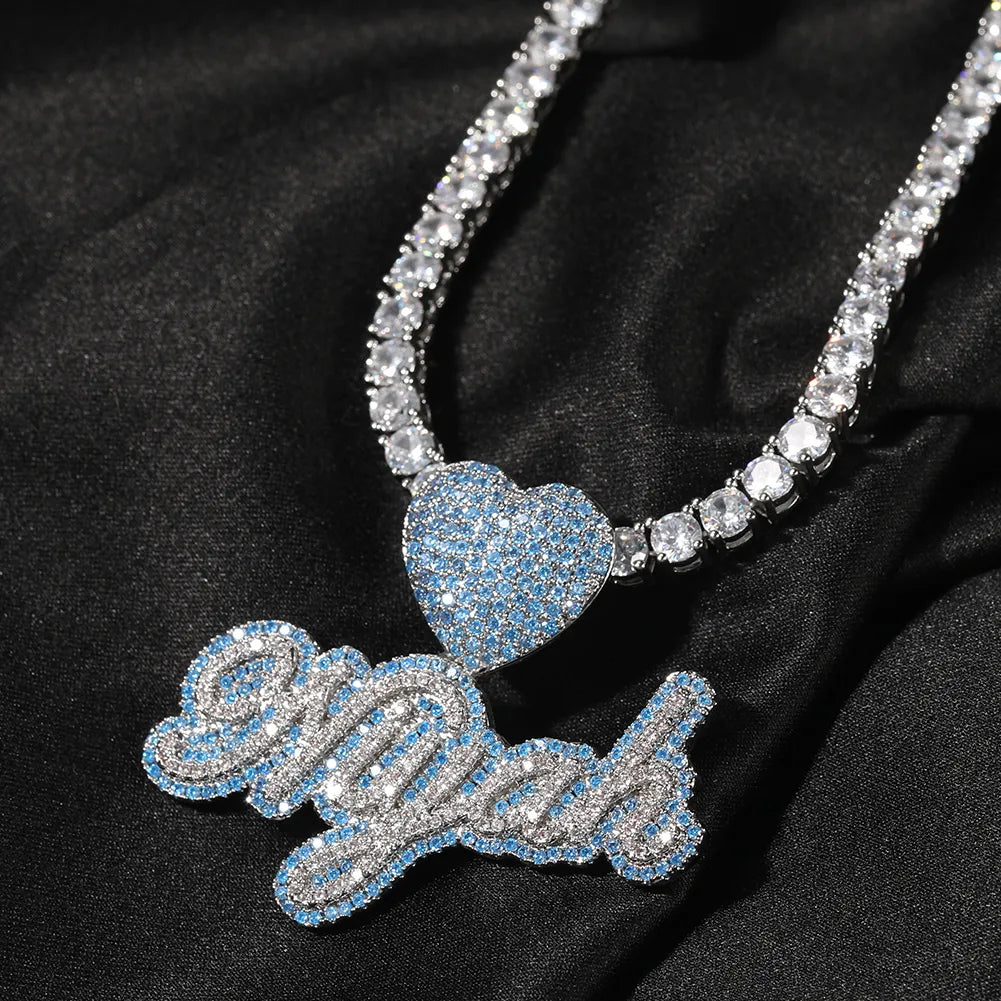 Custom Name Necklace With Heart Clasp Edwardian Letters Iced Out Blue CZ Name Pendant