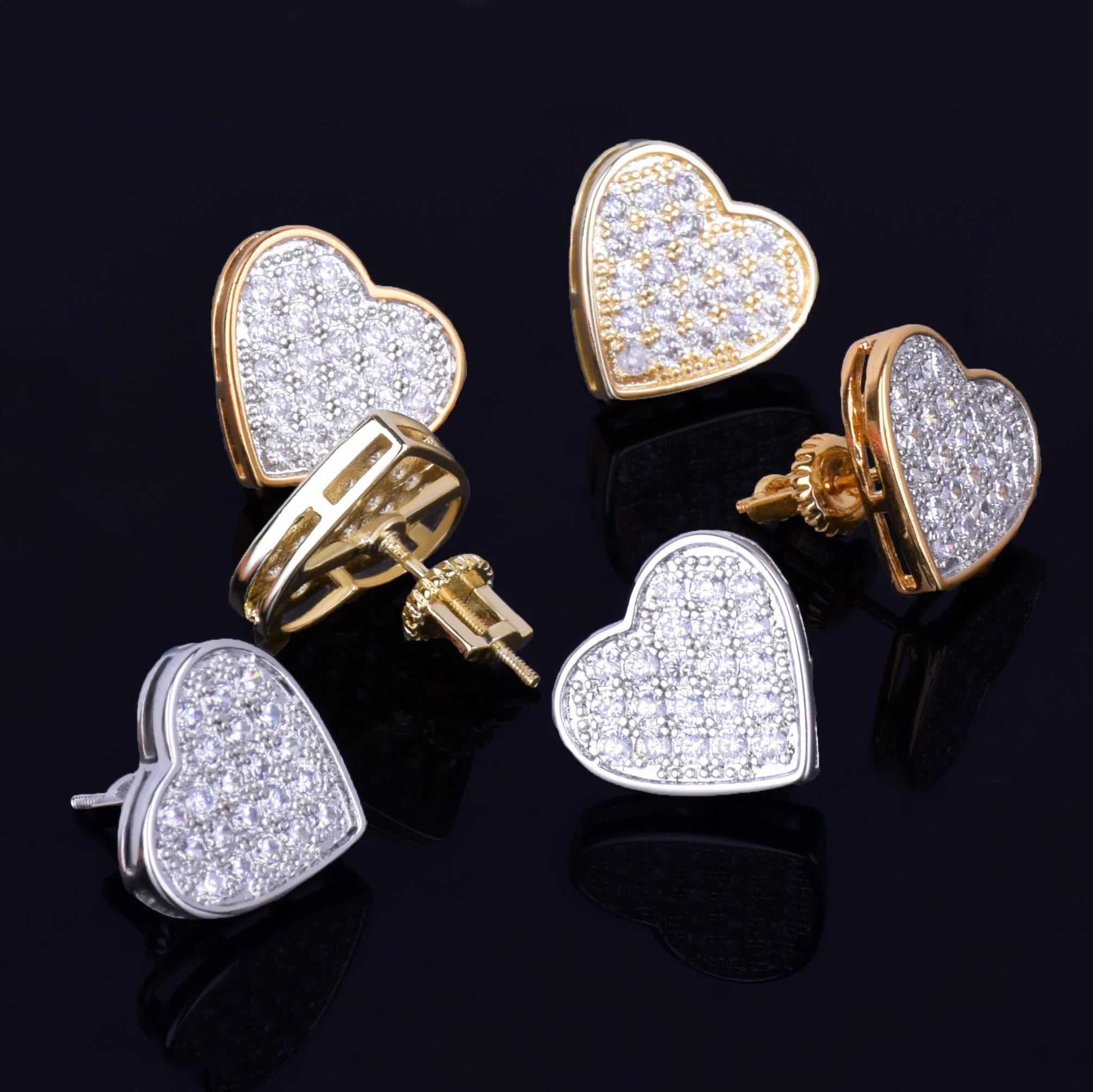 14MM Width Heart-shaped Gold Color Stud Earring AAA+ For Men Women Full Screw Back Earrings