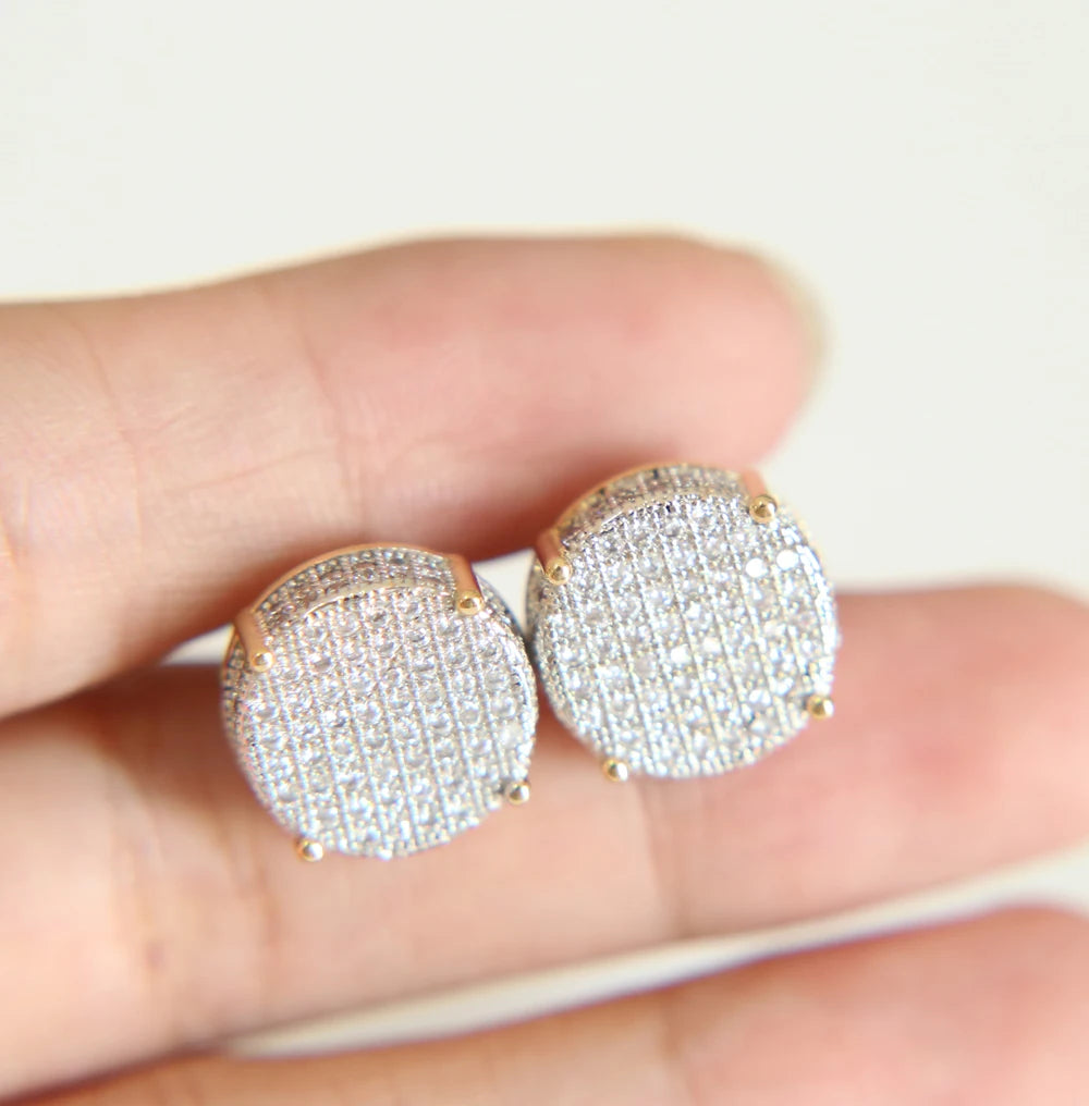 Stud girl big XL disco dots micro pave AAA cubic zirconia gold color 14mm screw back cz earring