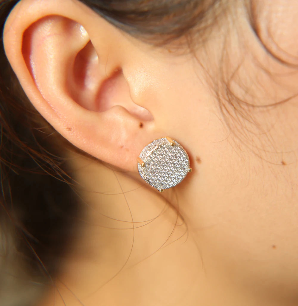 Stud girl big XL disco dots micro pave AAA cubic zirconia gold color 14mm screw back cz earring