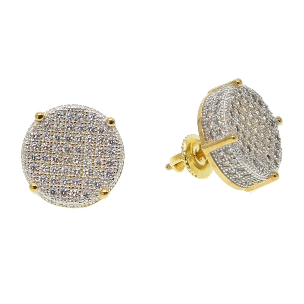 Stud girl big XL disco dots micro pave AAA cubic zirconia gold color 14mm screw back cz earring