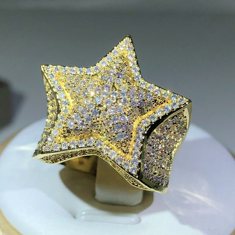 925 Silver Classic Yellow Gold Five Star Zircon Ring  Big Ring AAA+