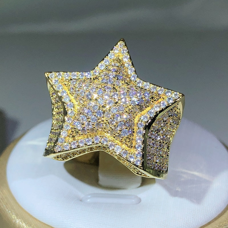 925 Silver Classic Yellow Gold Five Star Zircon Ring  Big Ring AAA+