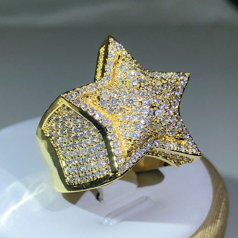 925 Silver Classic Yellow Gold Five Star Zircon Ring  Big Ring AAA+