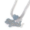 Custom Name Necklace With Heart Clasp Edwardian Letters Iced Out Blue CZ Name Pendant