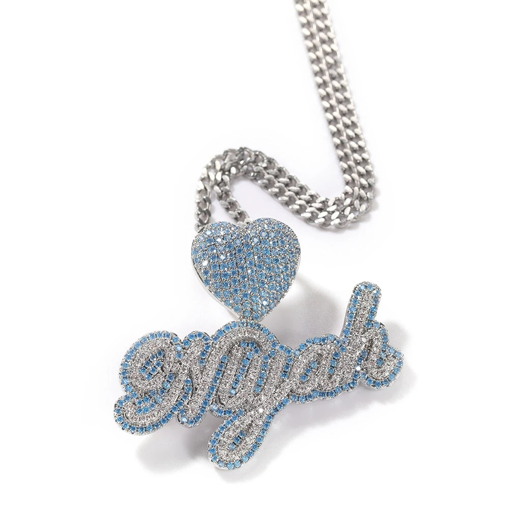 Custom Name Necklace With Heart Clasp Edwardian Letters Iced Out Blue CZ Name Pendant