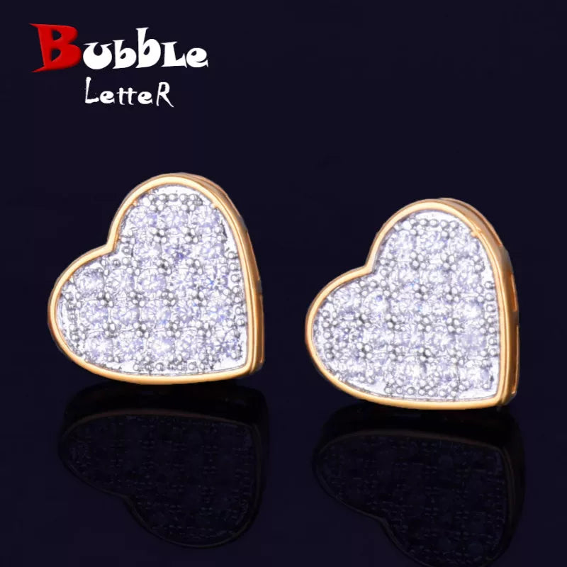 14MM Width Heart-shaped Gold Color Stud Earring AAA+ For Men Women Full Screw Back Earrings