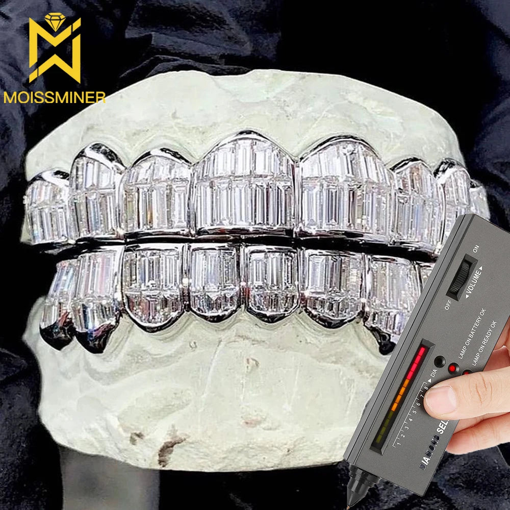 Baguettes Moissanite Teeth Grillz S925 Silver Bling Tooth Grills For Men  Pass Diamonds Tester Free Shipping