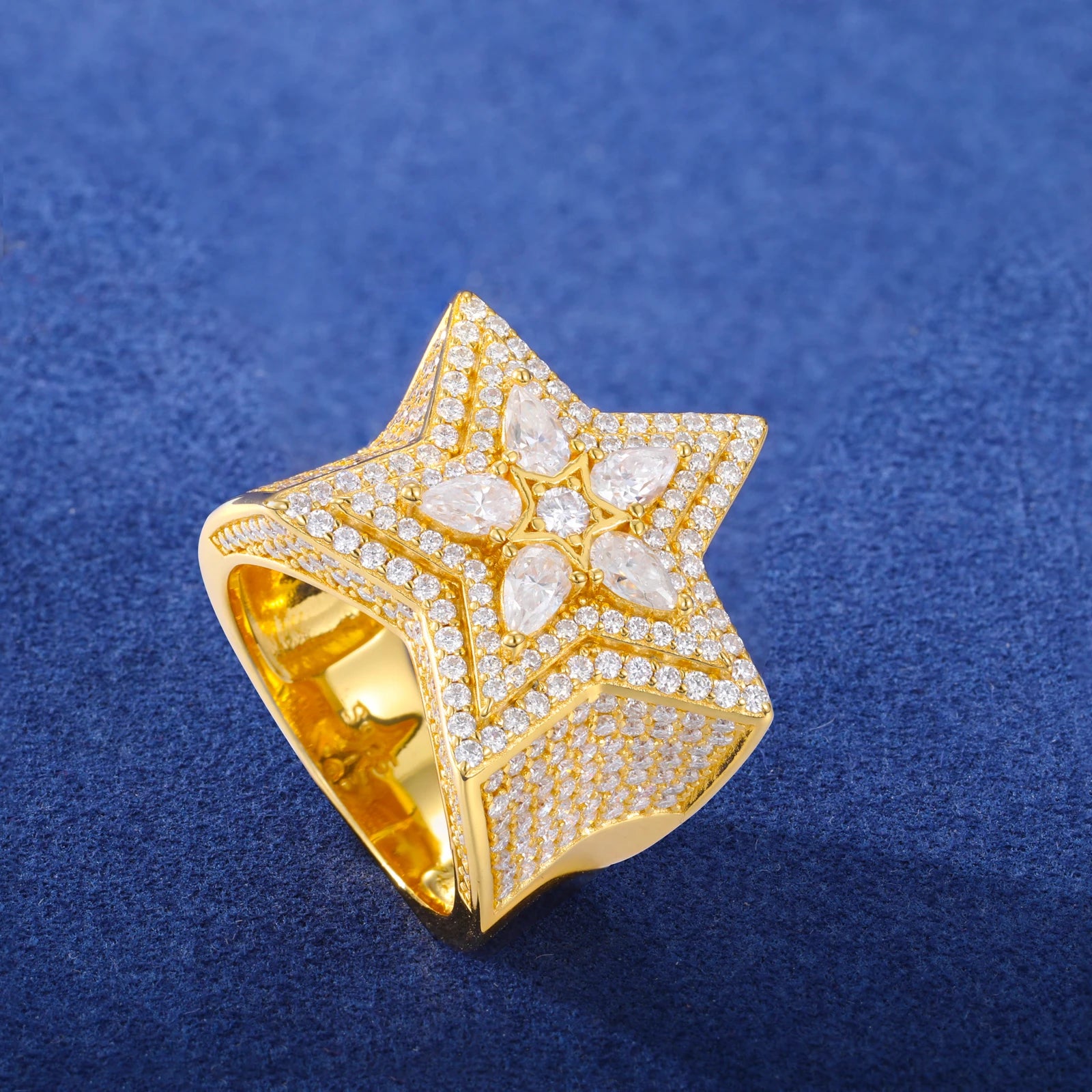 Moissanite Diamond Star Ring Iced Out Pear Cut Mirco Paved Hip Hop Rock Party Finger Rings Jewelry for Man Woman New S925
