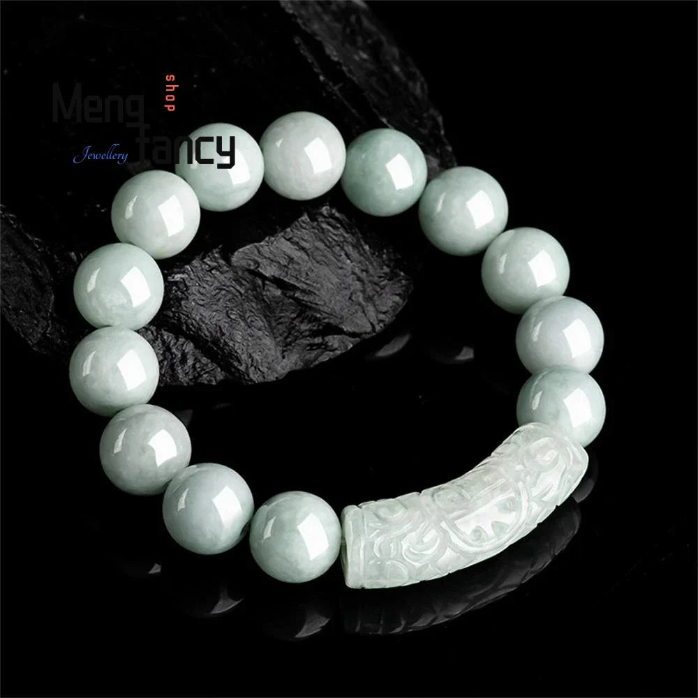 Jade Beads Bracelet Exquisite Fashion Fine Jewelry Natural Myanmar A-goods Jadeite Blessing Flower Pattern Curved Strip 13mm Ice