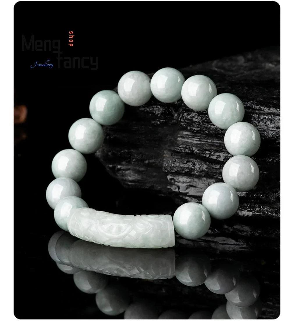 Jade Beads Bracelet Exquisite Fashion Fine Jewelry Natural Myanmar A-goods Jadeite Blessing Flower Pattern Curved Strip 13mm Ice