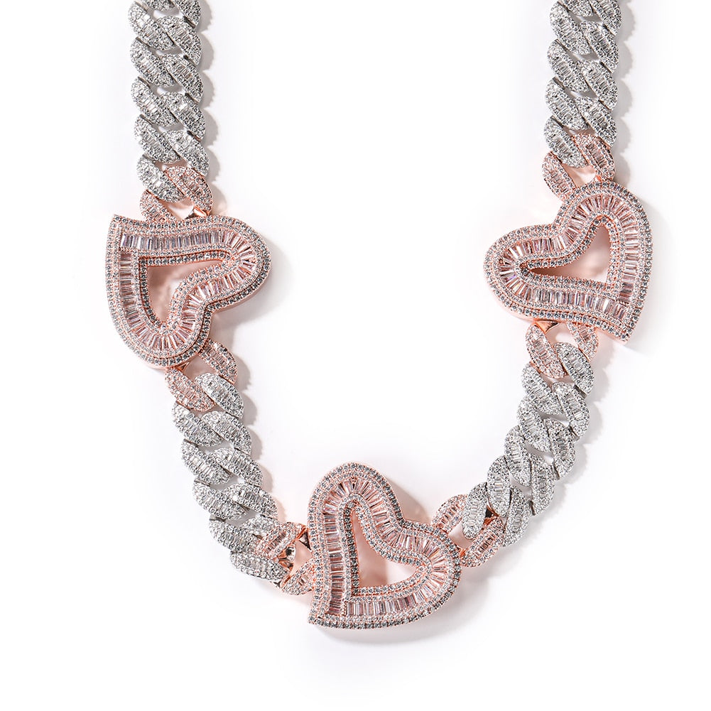 Big Hollow Heart With 16mm Iced Out Cuban Chain Baguette Necklace CZ Choker