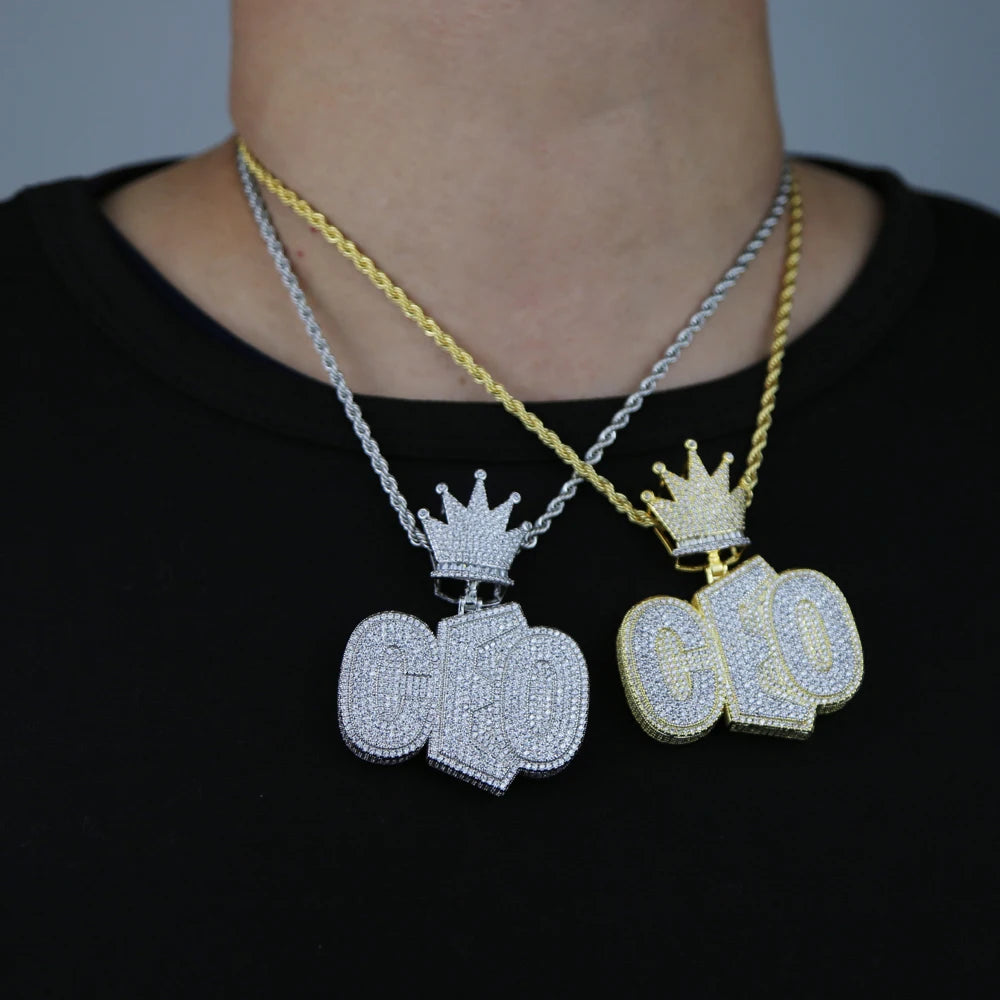 Letters CEO Pendant Necklace Two Tone Color 5A Zircon Crown Badge Charm Men's Hip Hop Jewelry