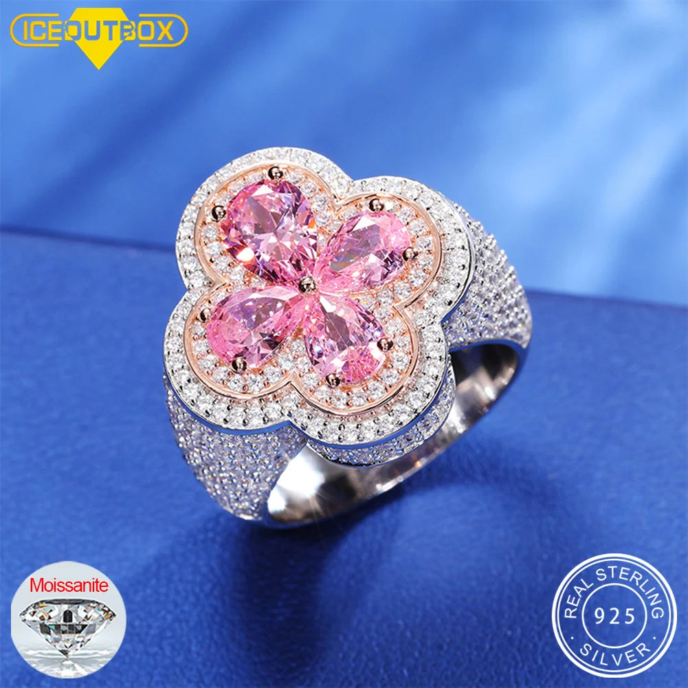 925 Sterling Silver Diamond Ring Moissanite  Lucky Clover Cross Pink Blue Water Drop Stone Iced Out Couple Rings for Women Men