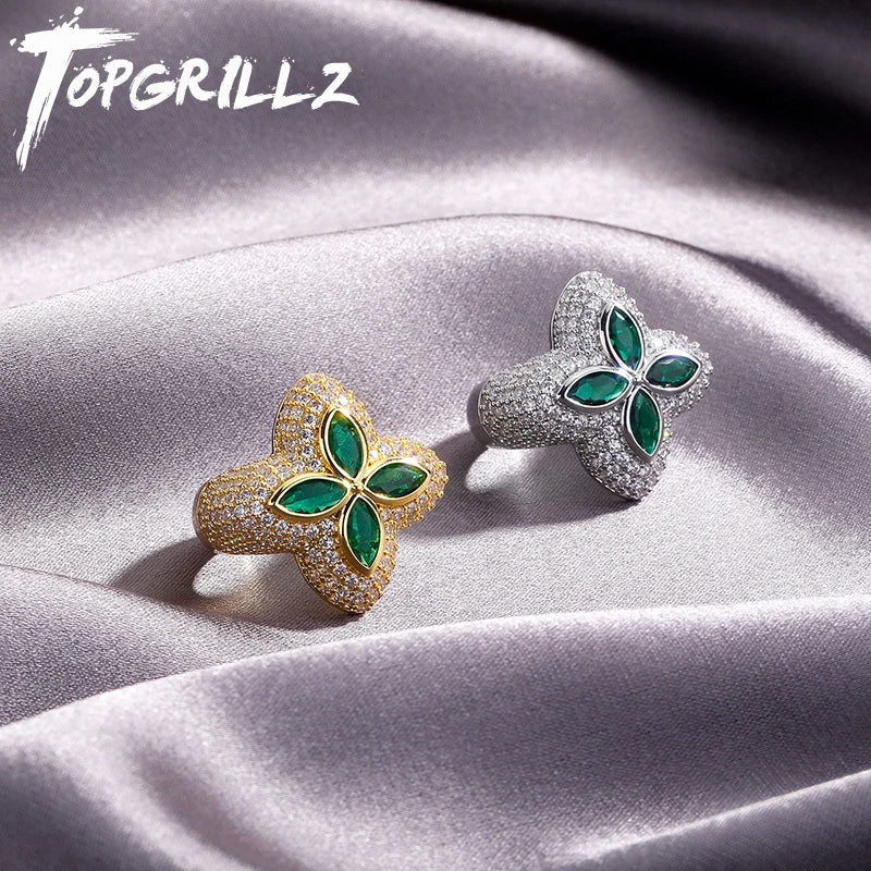 Charm Four Leaf Clover Ring Gold Silver Color Cubic Zirconia Flower Classic Ring For Gift