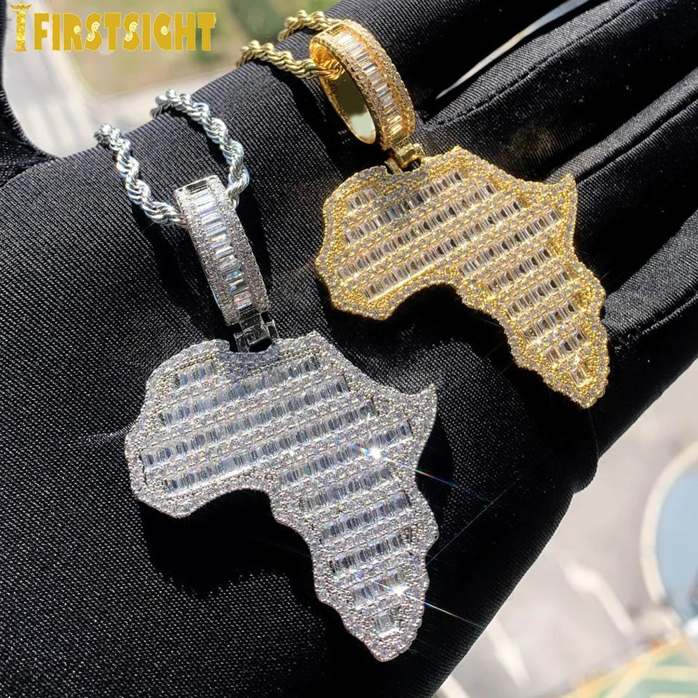 Map Of Africa Pendant Necklace Gold Plated AAA+ Full CZ  Charm Men