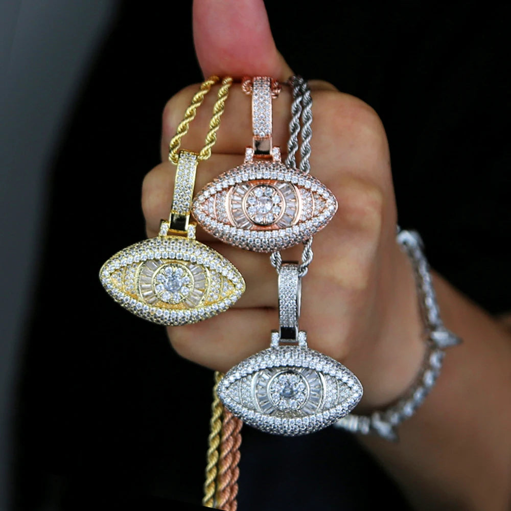 Iced Out Stereoscopic Eye Pendant Necklace Prong Setting Bling Cubic Zirconia Evil Eye Charm Men