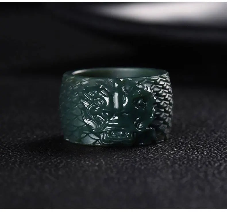 Natural Nephrite Green Jade Ring Men Healing Gemstone Fine Jewelry Genuine Hetian Jades Dragon Thumb Rings Wide Band Anillos
