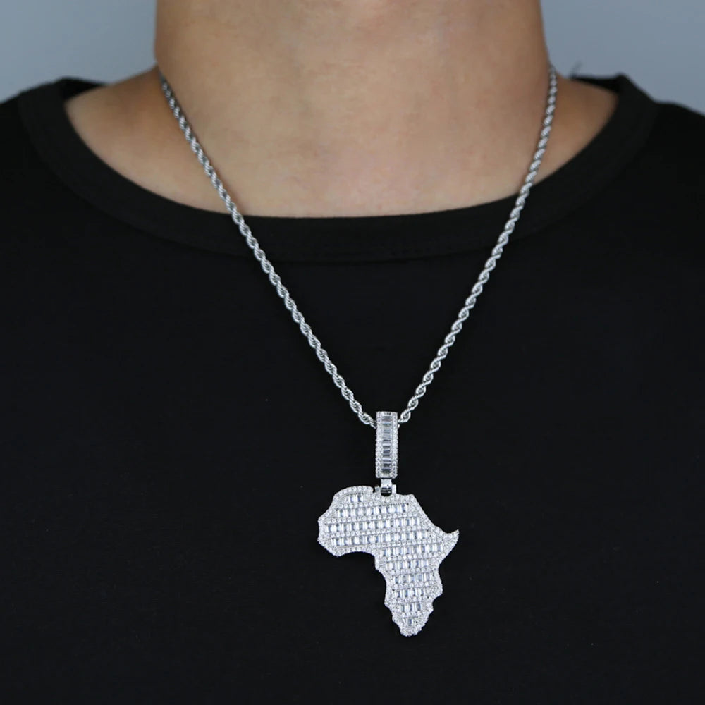 Map Of Africa Pendant Necklace Gold Plated AAA+ Full CZ  Charm Men