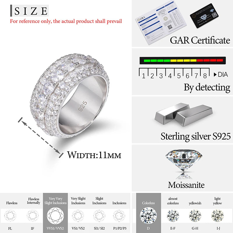 Luxury VVS1 3 Row 11mm Width Moissanite Ring In S925 Silver Ring  Jewelry Pave Setting With Certificate Fine Jewlery Gift