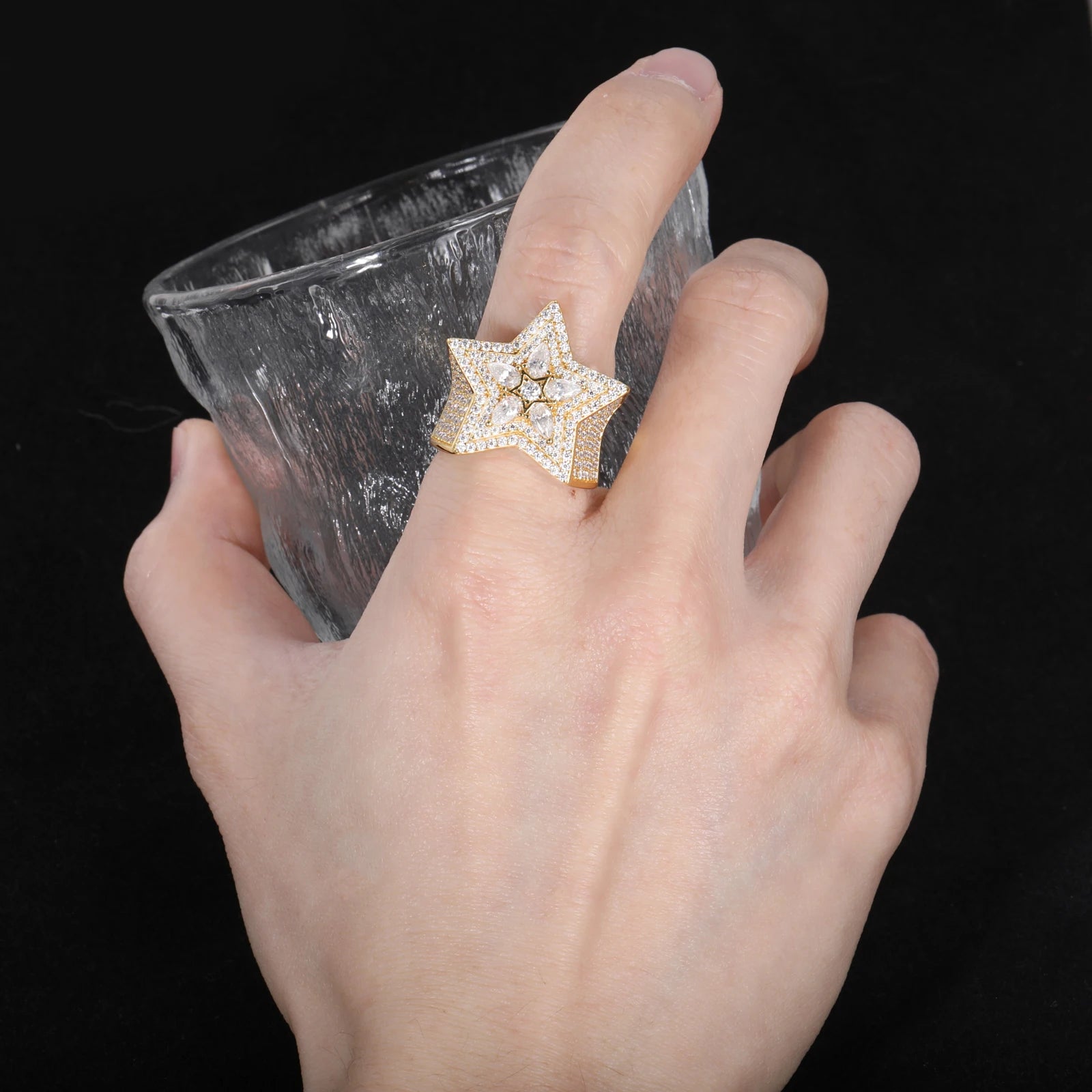 Moissanite Diamond Star Ring Iced Out Pear Cut Mirco Paved Hip Hop Rock Party Finger Rings Jewelry for Man Woman New S925