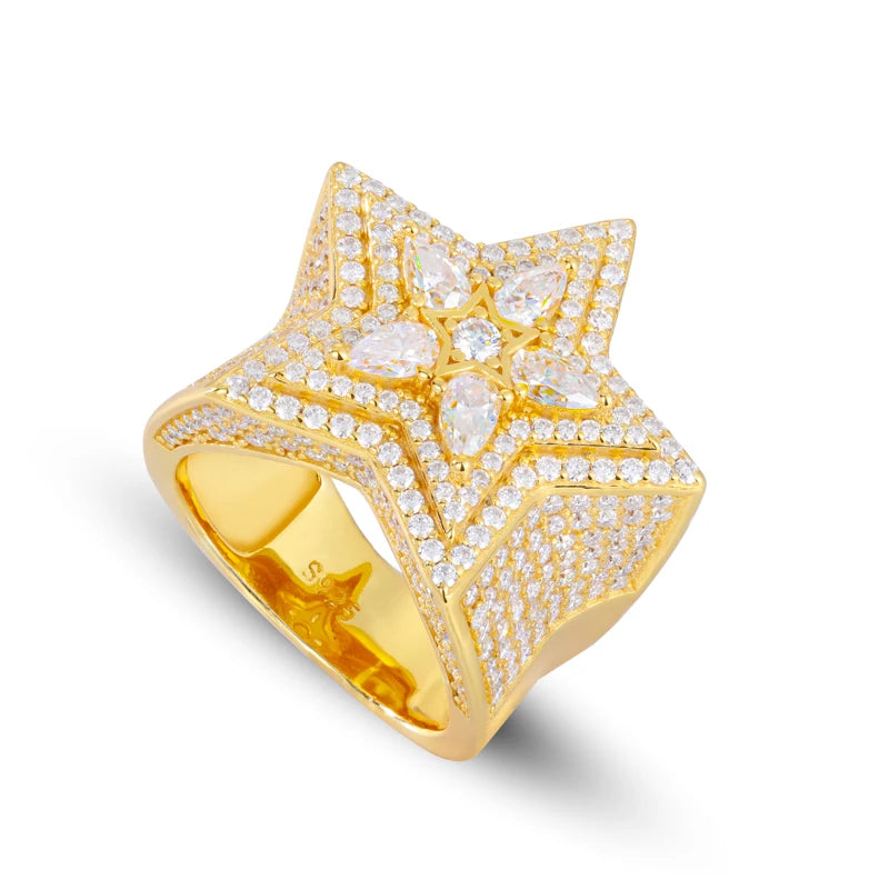 Moissanite Diamond Star Ring Iced Out Pear Cut Mirco Paved Hip Hop Rock Party Finger Rings Jewelry for Man Woman New S925