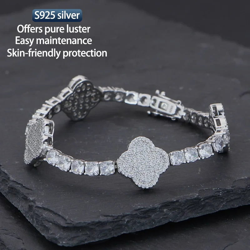 Moissanite Clover Tennis Lucky Bracelet 6.5~8.5inch Full Diamonds  Jewelry Personalized customization S925 Silver