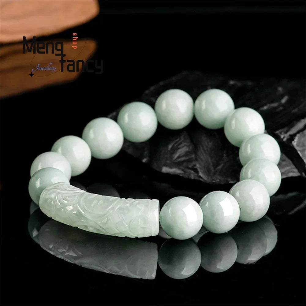 Jade Beads Bracelet Exquisite Fashion Fine Jewelry Natural Myanmar A-goods Jadeite Blessing Flower Pattern Curved Strip 13mm Ice