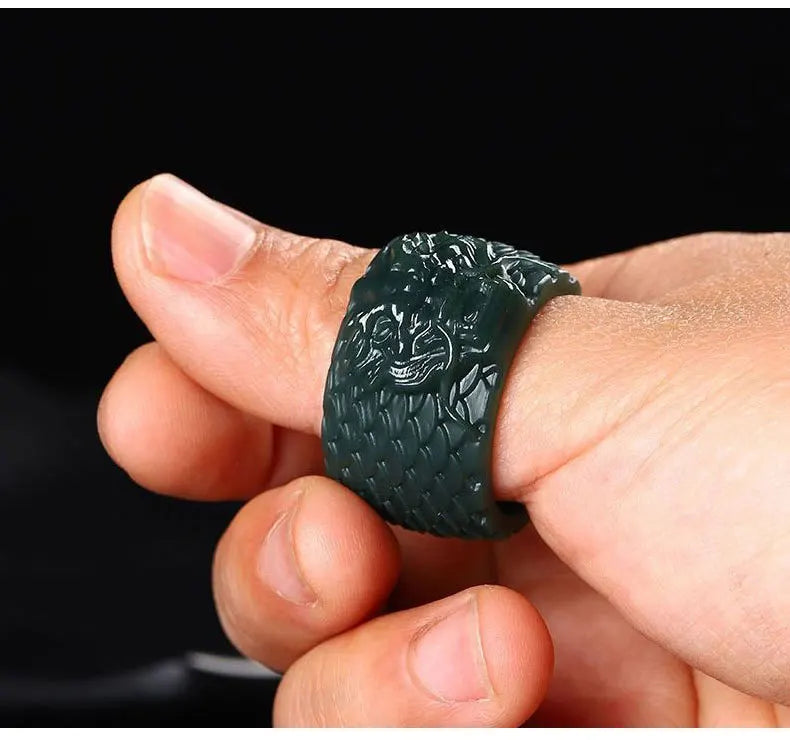 Natural Nephrite Green Jade Ring Men Healing Gemstone Fine Jewelry Genuine Hetian Jades Dragon Thumb Rings Wide Band Anillos