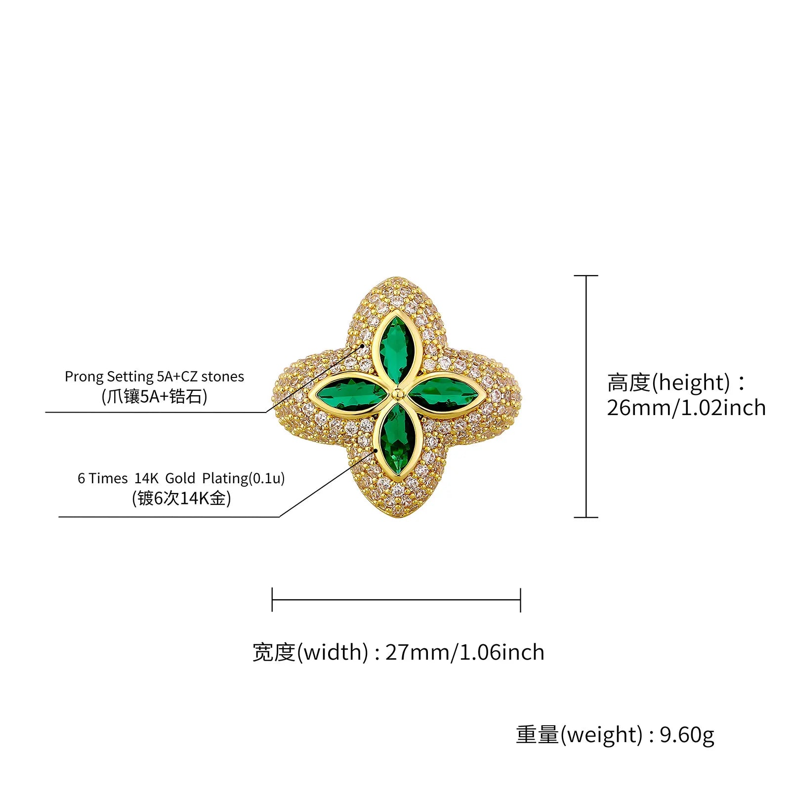 Charm Four Leaf Clover Ring Gold Silver Color Cubic Zirconia Flower Classic Ring For Gift