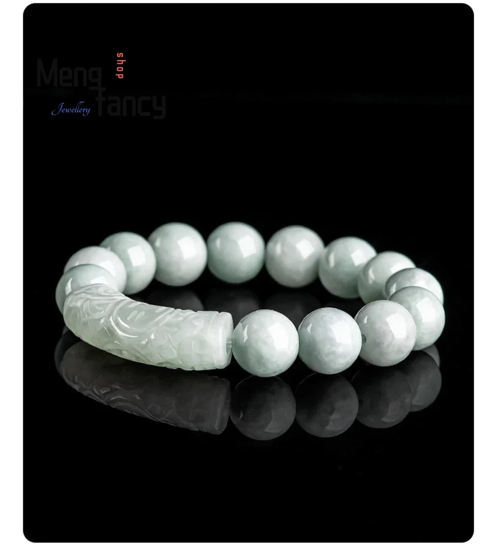 Jade Beads Bracelet Exquisite Fashion Fine Jewelry Natural Myanmar A-goods Jadeite Blessing Flower Pattern Curved Strip 13mm Ice