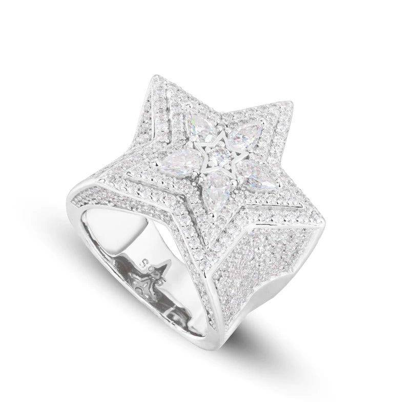 Moissanite Diamond Star Ring Iced Out Pear Cut Mirco Paved Hip Hop Rock Party Finger Rings Jewelry for Man Woman New S925
