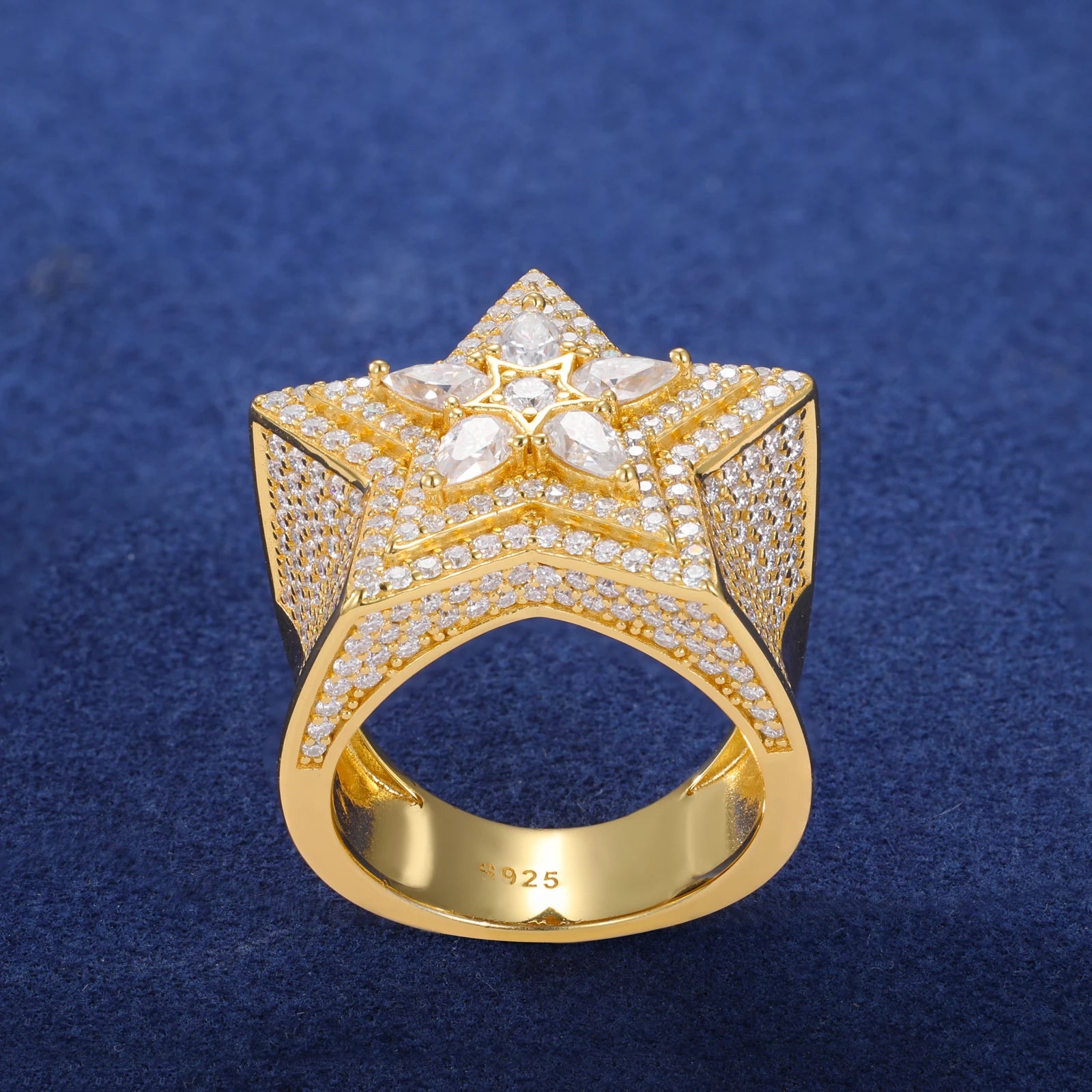 Moissanite Diamond Star Ring Iced Out Pear Cut Mirco Paved Hip Hop Rock Party Finger Rings Jewelry for Man Woman New S925