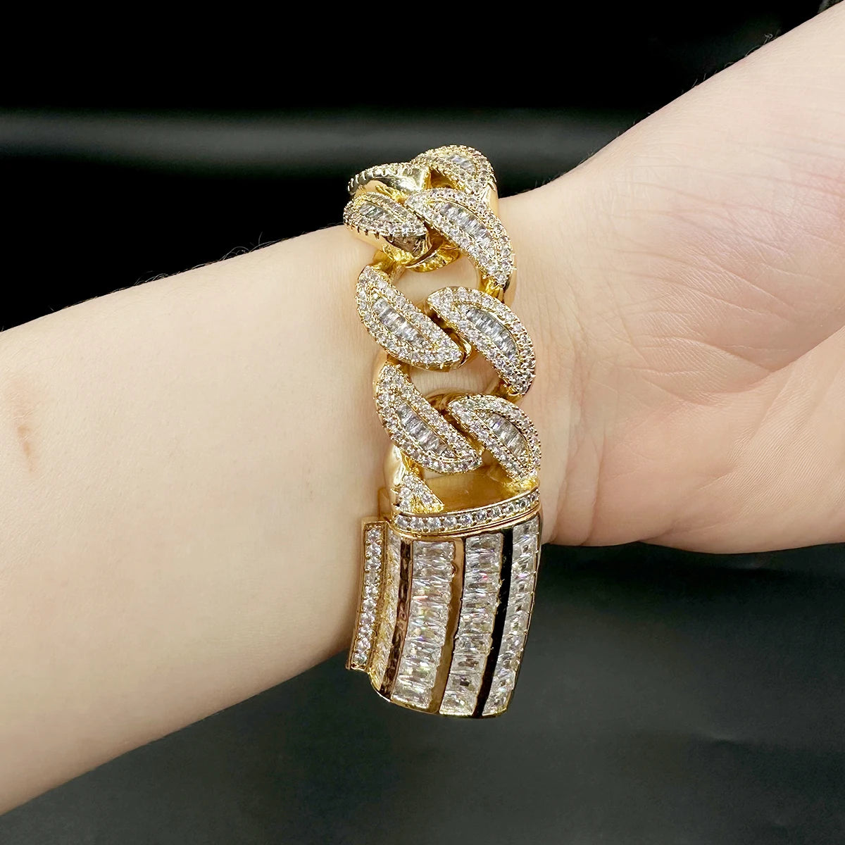 Iced Out Miami Cuban Link Bracelet for Men Prong Setting Real Gold Plated Cubic Zirconia