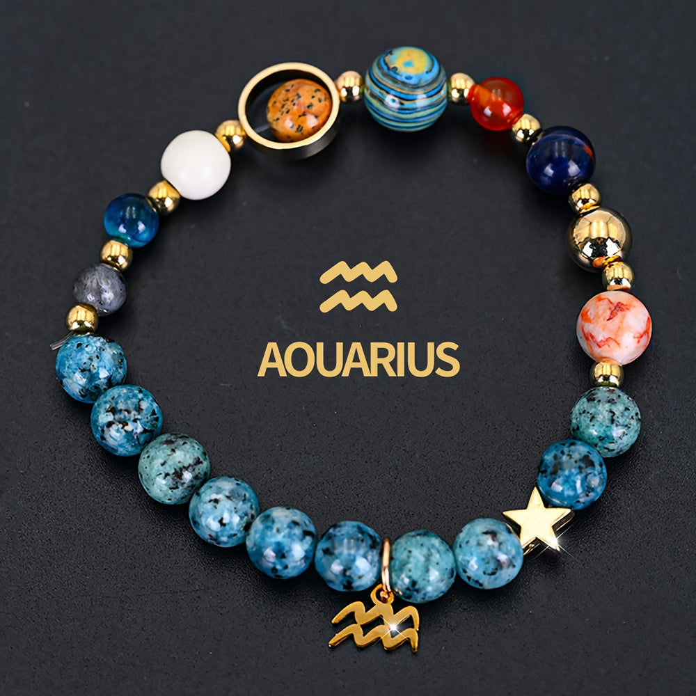 12 Constellation Bracelet Zodiac Cosmic Galaxy Bracelet 1pc Cosmic Galaxy Imperial Green Natural Stone Eight Planets Ladies Pendant Libra Virgo Sagittarius Jewelry Valentine's Day Couple Gift