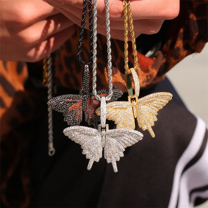 Butterfly Pendant AAA+ Necklace For Men Women 4 Colors Full Cubic Zircon Hip Hop Jewelry Gifts