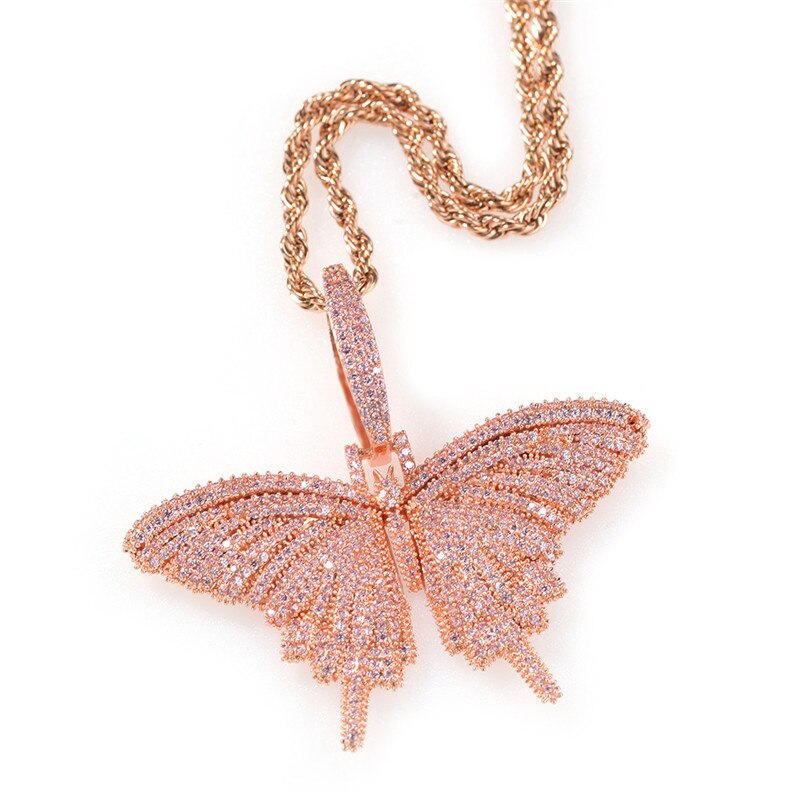 Butterfly Pendant AAA+ Necklace For Men Women 4 Colors Full Cubic Zircon Hip Hop Jewelry Gifts