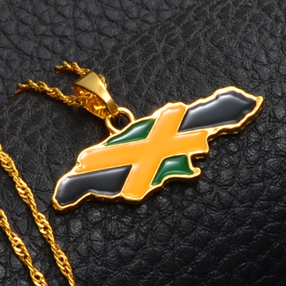 Anniyo Jamaica Map and National Flag Pendant AAA+  Necklaces Gold Color Jamaican  Maps #080406