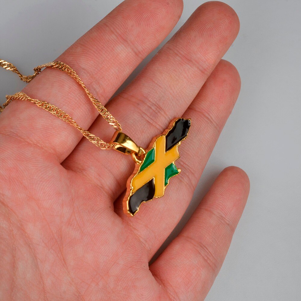 Anniyo Jamaica Map and National Flag Pendant AAA+  Necklaces Gold Color Jamaican  Maps #080406