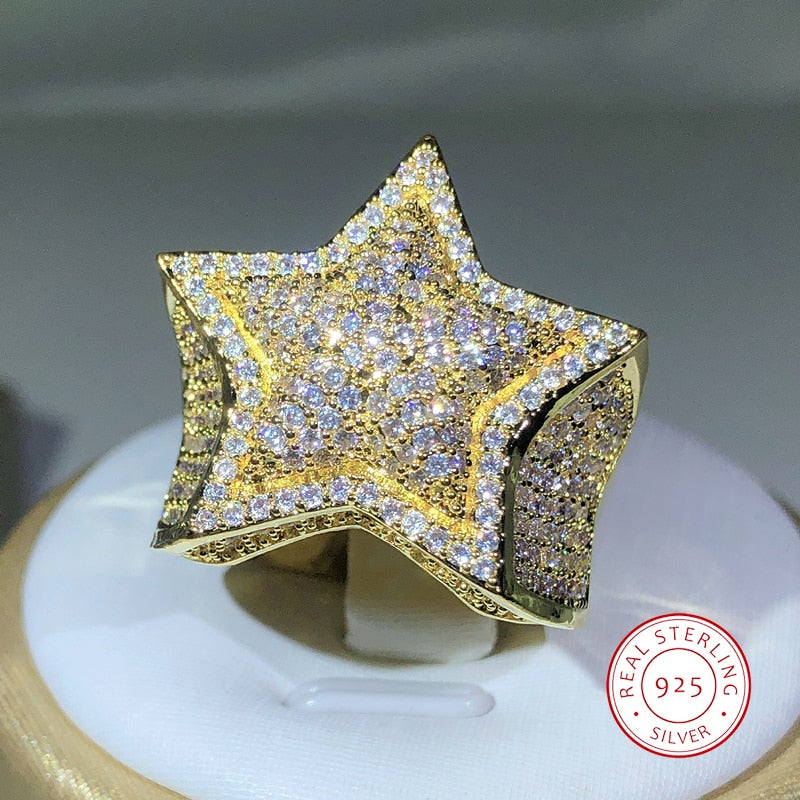 925 Silver Classic Yellow Gold Five Star Zircon Ring  Big Ring AAA+