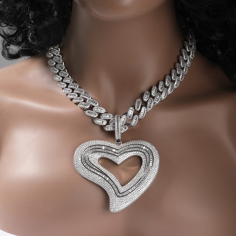 Hollow Out Heart Pendant AAA+ Baguette Necklace Charms Iced Out Prong Setting Hip Hop Jewelry